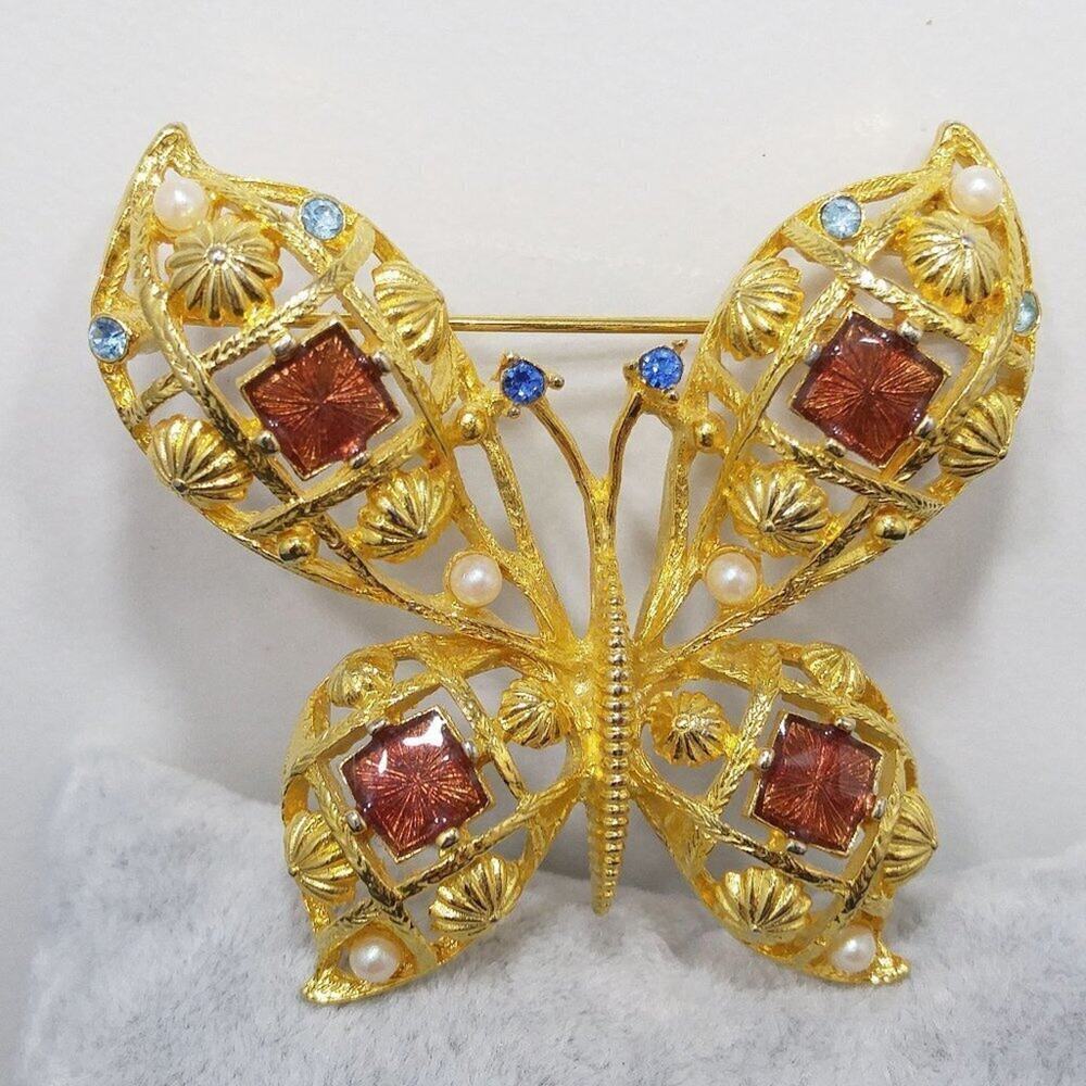 Butterfly Brooch Gold Tone Faux Pearls Rhinestones, Unsigned Avon Vintage
